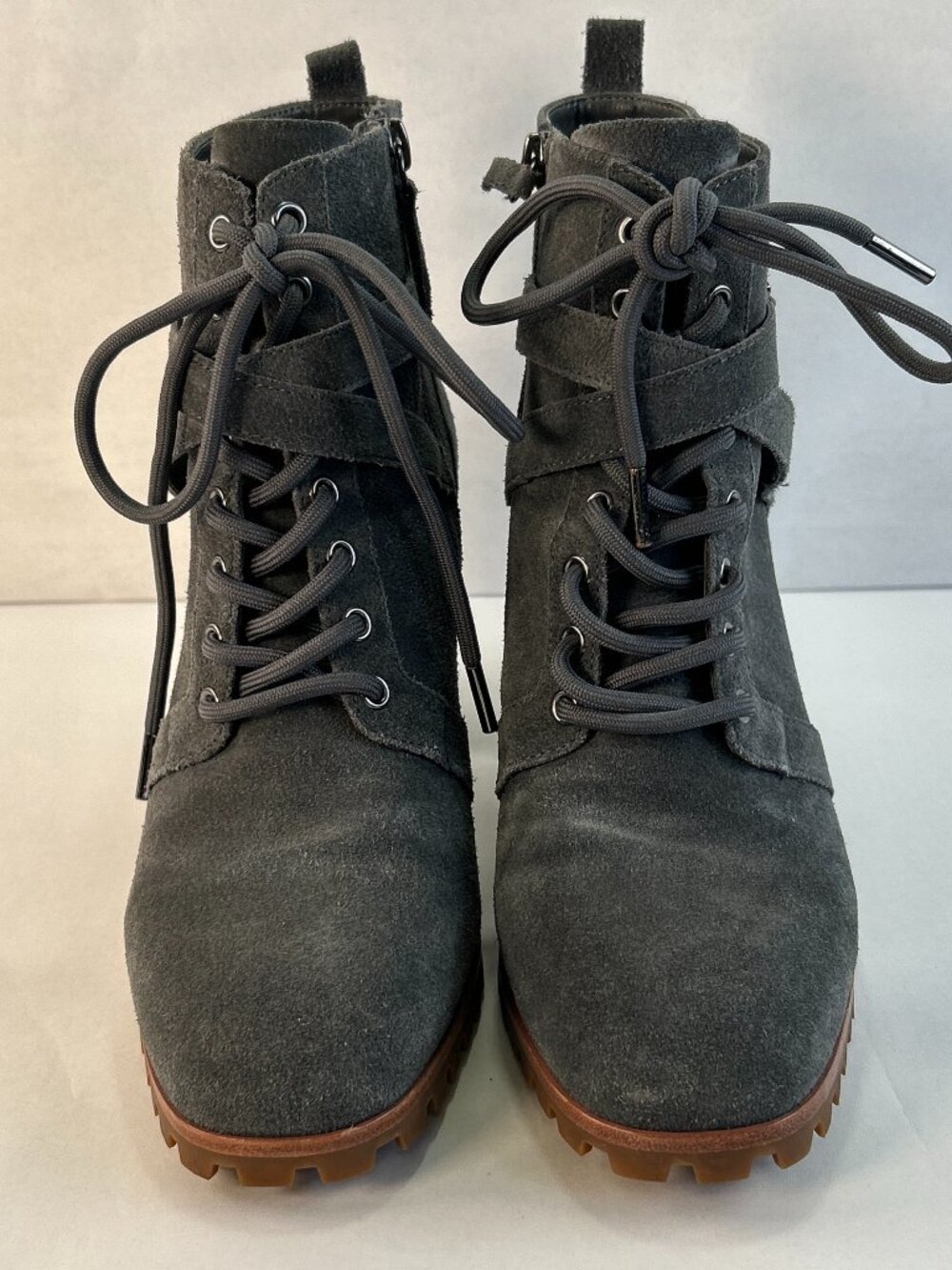 White House Black Market Combat Boots 8 Gray Suede Block Heel Militia Harness